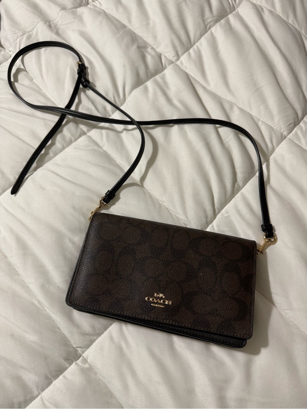 Coach Brown/Black Signature Crossbody Wallet with Gold Hardware